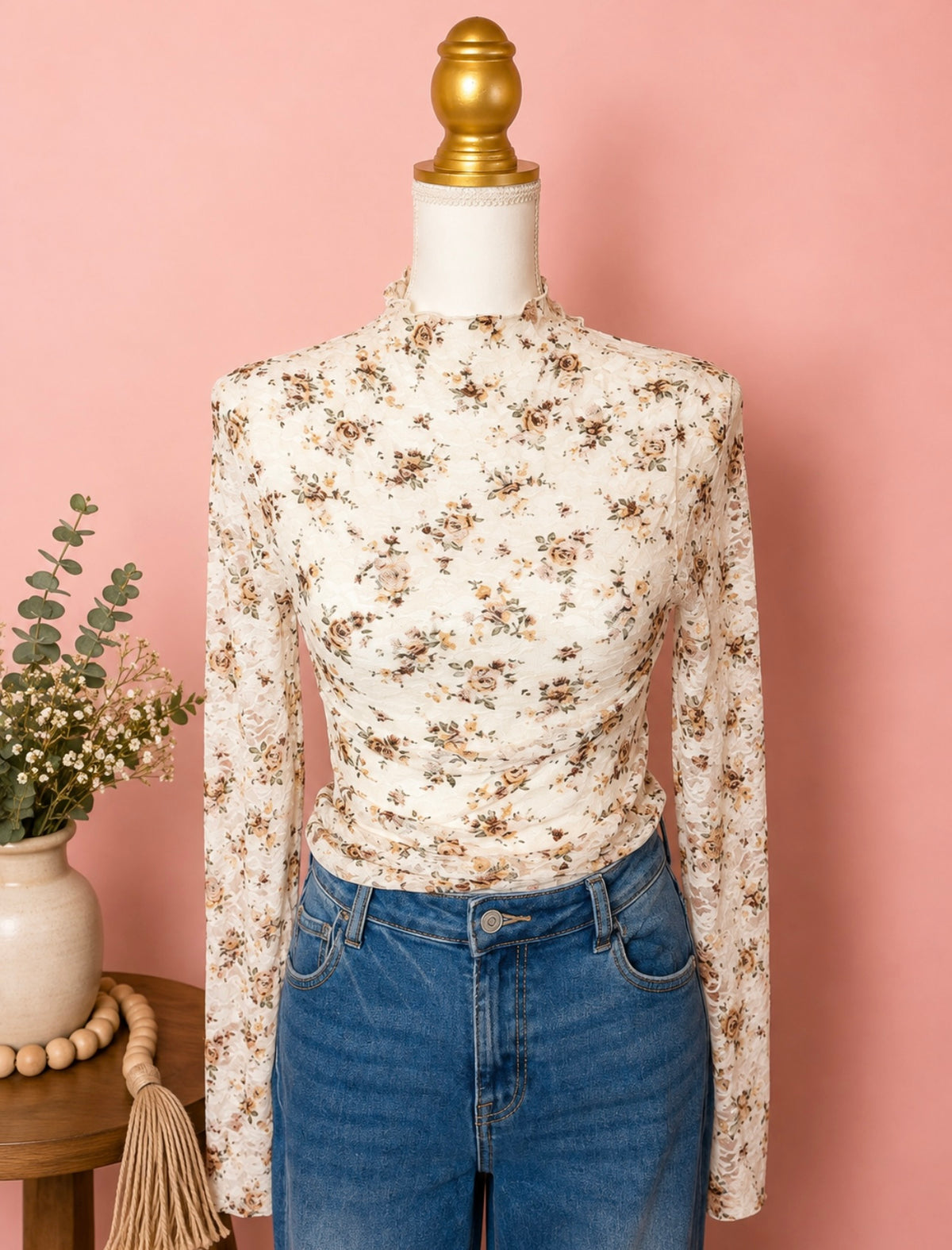 Vintage Bloom Lace Mock Neck Top