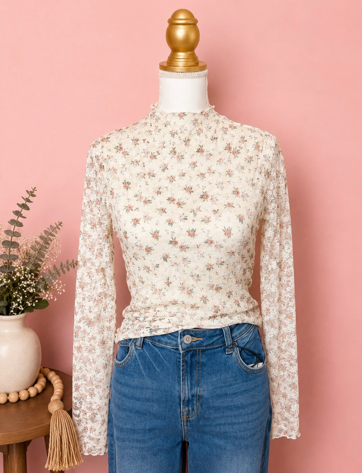 Vintage Bloom Lace Mock Neck Top